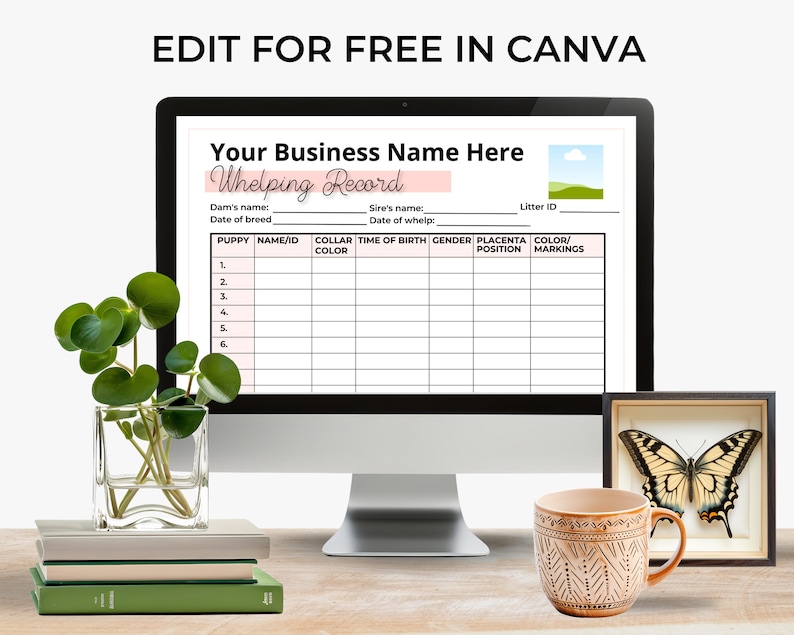 May include: A computer screen displaying a printable whelping record form. The form has fields for the dam's name, sire's name, date of breed, date of whelp, litter ID, puppy name/ID, collar color, time of birth, gender, placenta position, and color/markings.