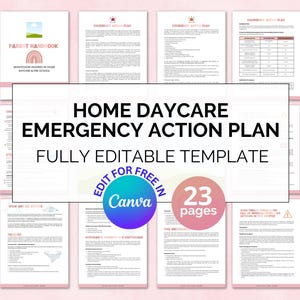 Puede incluir: Una plantilla imprimible rosa y blanca para un plan de acción de emergencia para una guardería en casa. La plantilla es totalmente editable y se puede editar gratis en Canva. La plantilla incluye 23 páginas y tiene un título que dice "Plan de acción de emergencia para una guardería en casa".