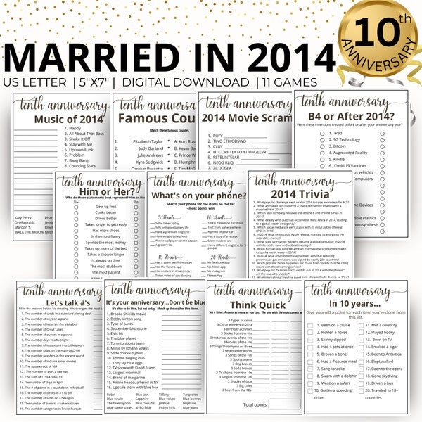 10th Wedding Anniversary Games, Married in 2014 Game, 2014 Anniversary Pary Game Gift 10th Anniversary Games, Printable 11 Game Bundle Gift