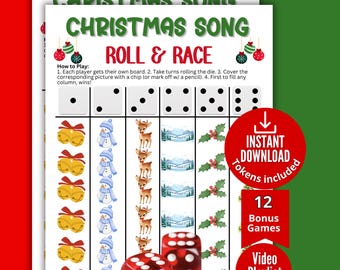 Christmas Song Roll & Race Game,Xmas Cookie Exchange Party Game,Dice Game,Holiday Song Fun for kids, families. Seniors,December Daycare Game