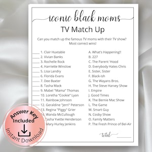 Kultowa gra Black Moms Trivia na baby shower, gra Black Mama Match Up Baby Shower, gra Mommy to be, gra na Dzień Matki, quiz na baby shower