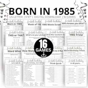 40th Birthday Party Games, Born in 1985 Game, 1985 Birthday Games, 40th Birthday Game Bundle Gift, 1985 Trivia Quiz, 1985 Pop Culture Game