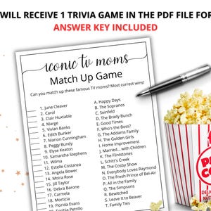 May include: A printable trivia game with a list of iconic TV moms and their corresponding shows. The game features a black and white design with a red and white striped popcorn container in the background.