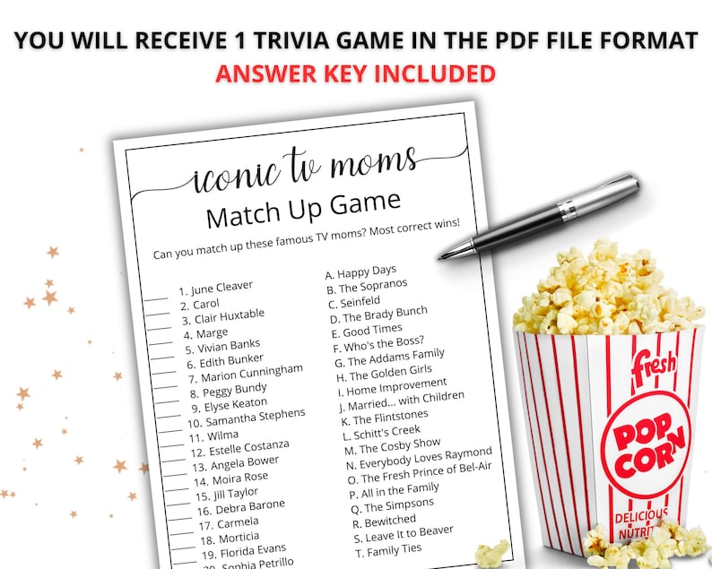 May include: A printable trivia game with a list of iconic TV moms and their corresponding shows. The game features a black and white design with a red and white striped popcorn container in the background.