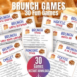 Brunch-Partyspiel-Bundle, Pfannkuchen und Pyjamas, Frühstücksspiele für Teenager, Mädchen, Geburtstag, Partyspiele, Brunch-Trivia, Frauen-Brunch