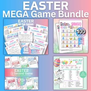 May include: An Easter Mega Game Bundle with various printable games. The image features game cards, bingo cards, and a "What's Your Bunny Name?" game. The bundle includes 60 fun games and over 170 game cards, all with an instant download option.