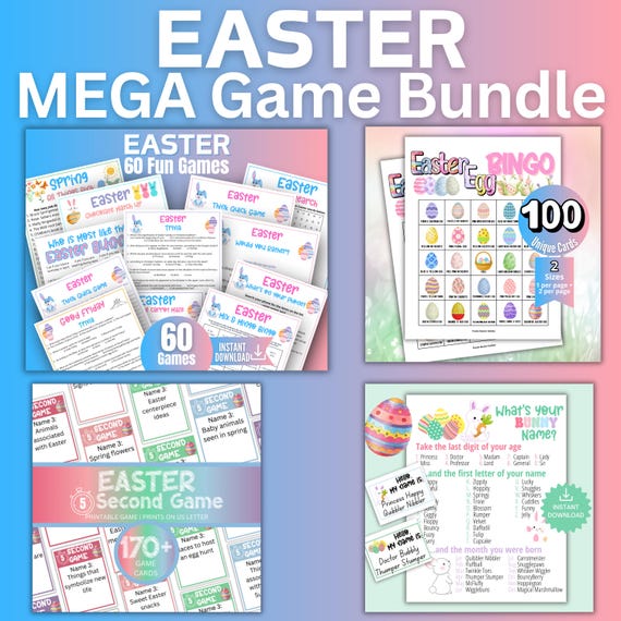 Easter Mega Game Bundle for Kids Teens &Adults,Classroom Spring Bingo,Spring 5 Second Game,Sunday School Games for Teachers,Holy Week Trivia
