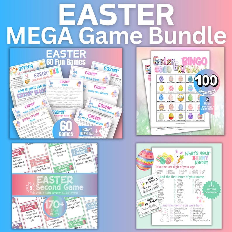 May include: An Easter Mega Game Bundle with various printable games. The image features game cards, bingo cards, and a "What's Your Bunny Name?" game. The bundle includes 60 fun games and over 170 game cards, all with an instant download option.
