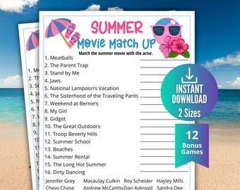 Puede incluir: Una hoja de juego imprimible "Summer Movie Match Up" con una lista de dieciséis títulos de películas y una lista de actores para emparejar. El diseño incluye una sombrilla rosa, chanclas, una pelota de playa con gafas de sol y flores de hibisco. El texto incluye "SUMMER MOVIE MATCH UP" y "Match the summer movie with the actor."