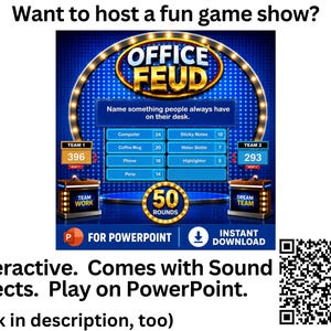 May include: An interactive Office Feud game show template for PowerPoint featuring a blue digital scoreboard with the text Office Feud, team scores of 396 and 293, a list of survey answers, 50 rounds, and a QR code for an instant download.