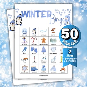 May include: Winter Bingo game cards with a blue and white theme. The cards feature winter-themed illustrations such as penguins, snowmen, and snowflakes. The text on the cards includes "Winter Bingo", "50 Unique Cards", and "2 Sizes".