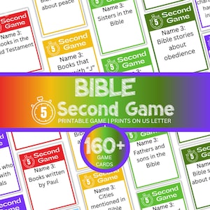 Peut inclure: Un jeu de Bible imprimable coloré avec plus de 160 cartes de jeu. Les cartes de jeu sont de différentes couleurs et comportent des questions sur la Bible. Le titre du jeu, "Bible Second Game", est bien en évidence.