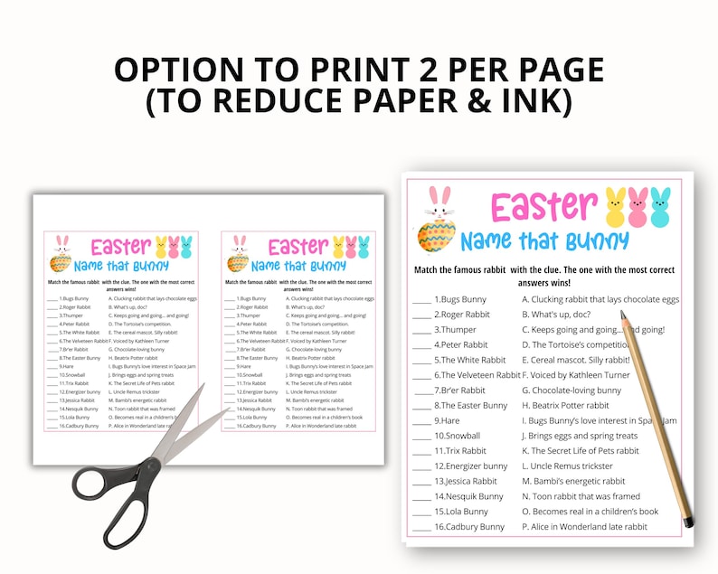 May include: Printable Easter game with a colorful bunny and egg design. The game is called "Name that Bunny" and asks players to match famous rabbits with their clues. The game is designed to be printed two per page to save paper and ink.