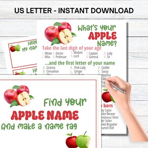 Op de afbeelding: Printbare activiteitenblad met rode appels en groene bladeren. Het blad geeft instructies om je "Appelnaam" te vinden door de laatste cijfer van je leeftijd en de eerste letter van je naam te nemen. Het blad bevat een lijst met namen zoals "Granny", "Pink Lady", "Goldie" en "Saucy".