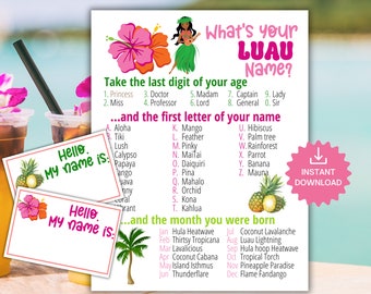 What's Your Luau Name Game Name Tags, Hawaiian Party Game, Tropical ...