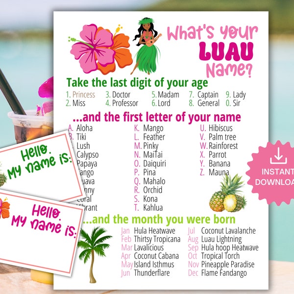 What's Your Luau Name Game WITH NAMETAGS + SIGN, Hawaiian Party Game, Tropical Birthday Party Activity, Fun for Adults & Kids Printable