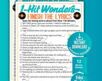 1 Hit Wonders Finish the Lyrics Trivia Game, Printable Music Game for Kids Teens Adults, Pop Culture Activity,Ideas for Seniors,Trivia Party