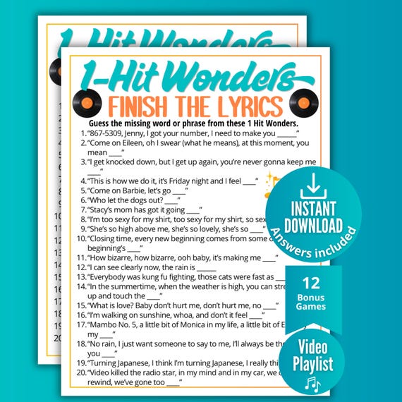 1 Hit Wonders Finish the Lyrics Trivia Game, Printable Music Game for Kids Teens Adults, Pop Culture Activity,Ideas for Seniors,Trivia Party