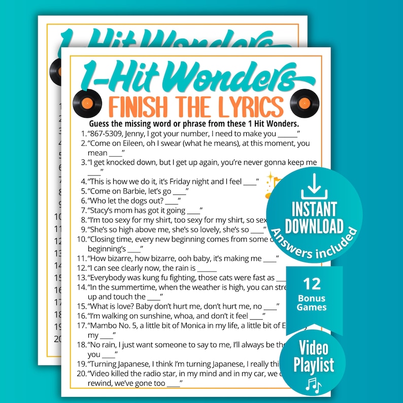 1 Hit Wonders Finish the Lyrics Trivia Game, Printable Music Game for Kids Teens Adults, Pop Culture Activity,Ideas for Seniors,Trivia Party image 1