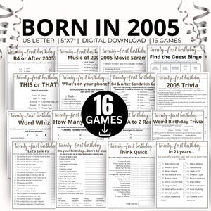 21st Birthday Party Games, Born in 2005 Game, 2005 Birthday Games, 21st Birthday Game Bundle Gift, 2005 Trivia Quiz, 2005 Pop Culture Game -