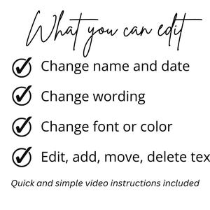 May include: White background with black text that reads "What you can edit." Bullet points below state options to change name and date, wording, font or color, and edit text. Quick video instructions are included.