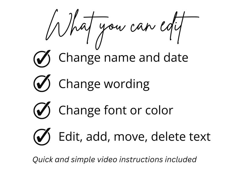 May include: White background with black text that reads "What you can edit." Bullet points below state options to change name and date, wording, font or color, and edit text. Quick video instructions are included.