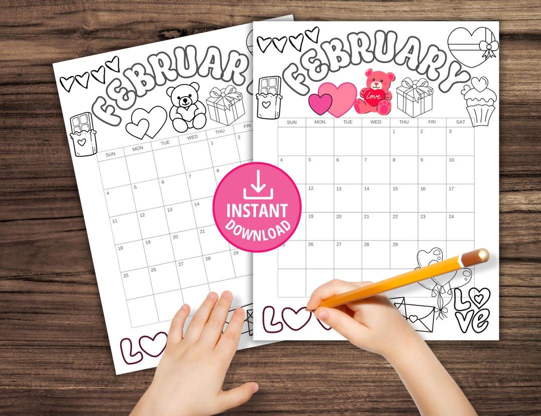 Coloring Calendar for Febuary 2025, Monthly Coloring Calendar for Kids ...