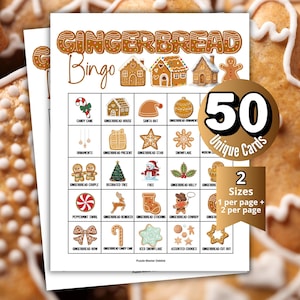 May include: A stack of gingerbread-themed bingo cards. The cards feature various gingerbread-related images like houses, stars, and candy canes. The text on the cards reads "Gingerbread Bingo" and "50 Unique Cards" with two size options.