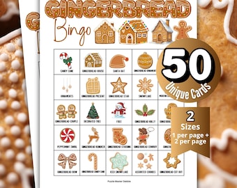 May include: A printable Gingerbread Bingo game sheet featuring a grid of holiday-themed icons like candy canes, gingerbread houses, and stars. The text reads Gingerbread Bingo, 50 Unique Cards, and 2 Sizes, 1 per page + 2 per page.