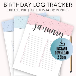 Bewerkbare verjaardagstracker, verjaardagsherinnering, verjaardagslogboek, afdrukbare verjaardagslijstgrafiek, Instant Download, Verjaardagskalender | A4/US Letter