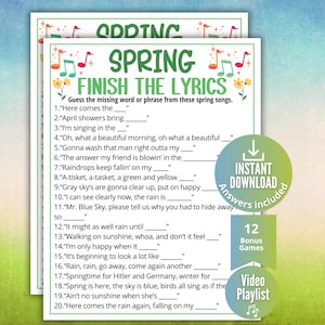Spring Finish the Lyrics Trivia Game, Printable Spring Game for Kids Teens Adults,Classroom Spring Activity, Ideas for Seniors,Spring Party