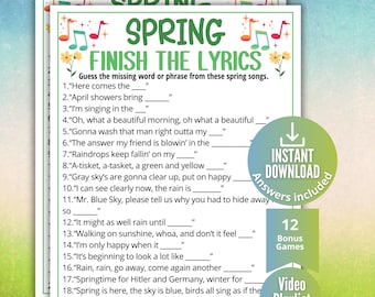 Spring Finish the Lyrics Trivia Game, Printable Spring Game for Kids Teens Adults,Classroom Spring Activity, Ideas for Seniors,Spring Party