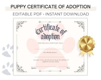 Puppy Certificate of Adoption, Pet Adoption - Editable PDF D001