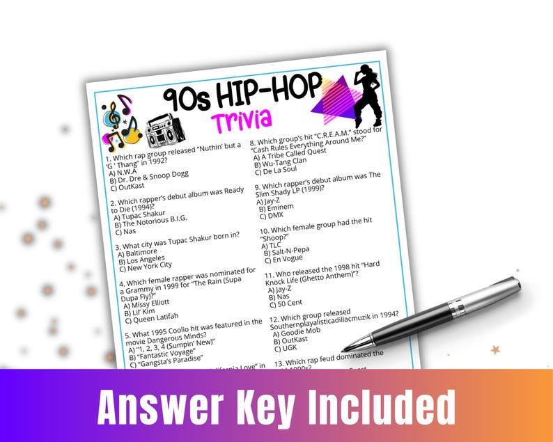 K&ouml;nnte beinhalten: Ein Quizspiel-Blatt &uuml;ber Hip-Hop der 90er Jahre mit Multiple-Choice-Fragen. Das Blatt enth&auml;lt Fragen zu Rap-Gruppen, Alben und K&uuml;nstlern. Ein Stift liegt auf dem Blatt. Die Worte "Answer Key Included" stehen unten.