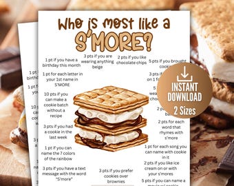 Who is Most Like a S'more Game, S'mores Bar Games, Camping Party Game for kids & adults.Summer Fall Party,Firepit Activity,S'mores Birthday
