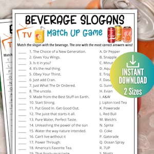 Beverage Slogan Trivia Game, Ad Slogan Match Up Quiz,Printable TV Commercial Game for Kids & Adults,Family Game Movie Night,Office Party Fun