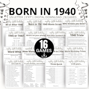 85th Birthday Party Games, Born in 1940 Game, 1940 Birthday Games, 85th Birthday Games Gift, 1940 Trivia Quiz, 1940 Pop Culture Game