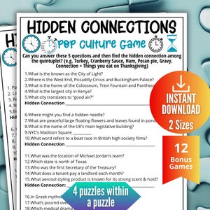 May include: A printable pop culture game with questions and a hidden connection challenge. The game includes 12 bonus games and is available in 2 sizes. The text on the game sheet includes questions about cities, locations, and trivia.