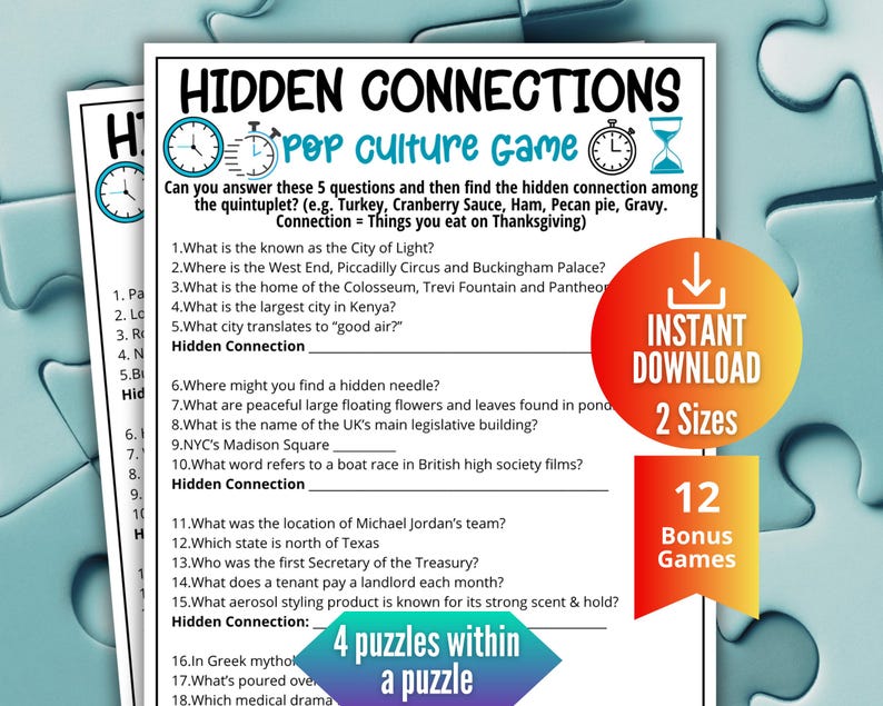 Pop Culture Trivia Game, Hidden Connection Puzzles,printable Quiz for ...