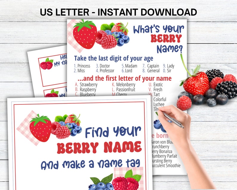 Raspberry Name Tag What's Your Berry Name Game WITH NAMETAGS + SIGN, Berry First Birthday ...