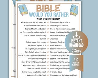 May include: A printable game sheet titled BIBLE WOULD YOU RATHER with a list of religious questions. The design features light blue illustrated bibles in the corners, brown text for the title, and a circular badge stating INSTANT DOWNLOAD 2 Sizes.