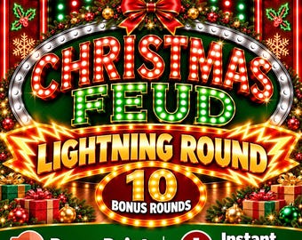 Może przedstawiać: Cyfrowa grafika do gry zatytułowana Christmas Feud Lightning Round z 10 Bonus Rounds. Projekt zawiera jasne czerwone i zielone litery w stylu marquee, złotą gwiazdę, czerwoną kokardę oraz zapakowane prezenty na ciemnym tle.