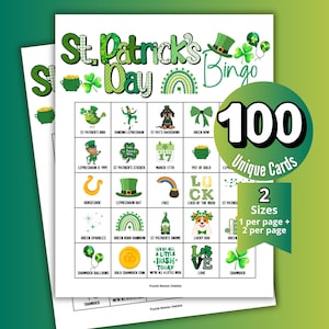 May include: St. Patrick's Day Bingo cards with a green theme. The cards feature various St. Patrick's Day symbols, including shamrocks, leprechauns, and pots of gold. The set includes 100 unique cards in two sizes.