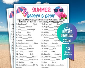 Puede incluir: Una hoja de juego de palabras Summer Before & After imprimible con temática de playa, sombrilla rosa, chanclas y gafas de sol. El texto incluye una lista de 32 frases para completar, una insignia de descarga instantánea y juegos extra.