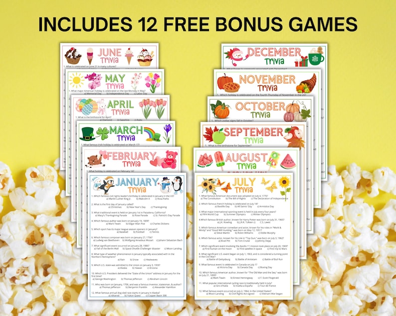K&ouml;nnte beinhalten: Eine Sammlung von zw&ouml;lf monatlichen Quiz-Spielbl&auml;ttern, die jeweils saisonale Illustrationen und Fragen von Januar bis Dezember enthalten. Der Text oben lautet INCLUDES 12 FREE BONUS GAMES. Die Bl&auml;tter sind in einem Stapel angeordnet.