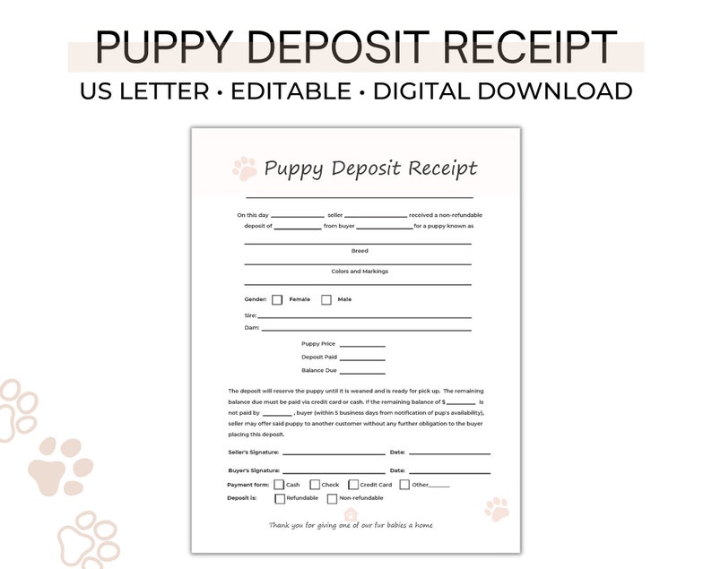 Puppy Deposit Receipt Dog Breeder Forms Printable PDF Etsy