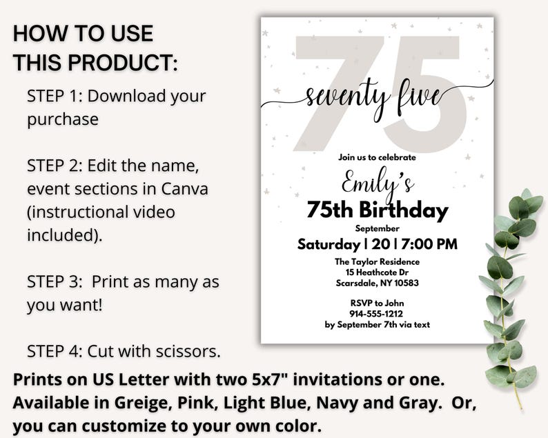75th Birthday Invitations, Editable 75th Bday Party Invite, Born in ...