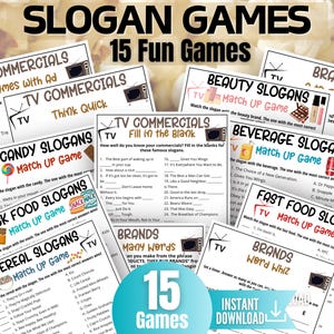 Slogan Game Bundle, TV Commercial Quiz, Cereal Slogans, Pop Culture Games for Kids&Adults, Family Game Night, Office Party, TV Show Party