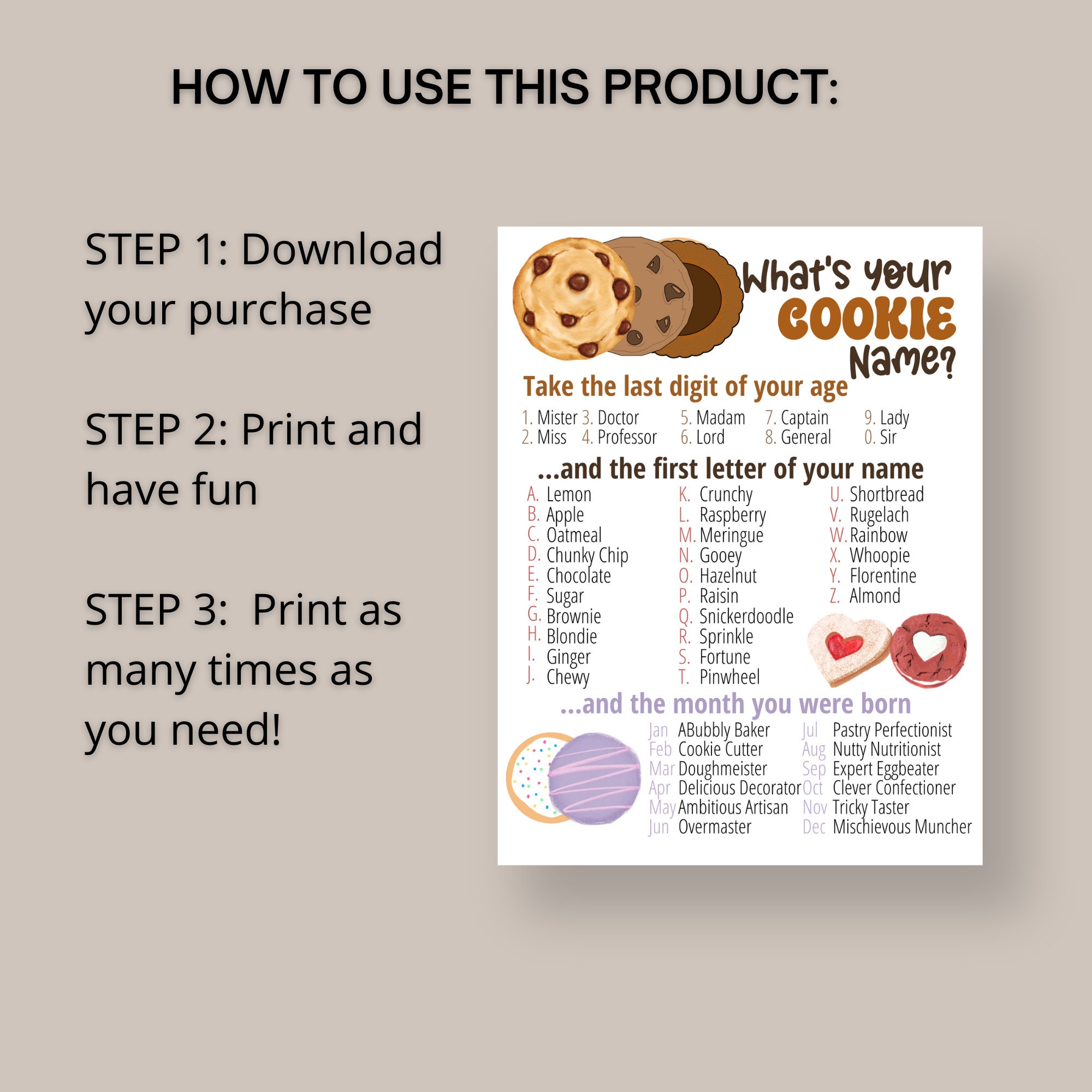 What's Your Cookie Name Game WITH NAMETAGS SIGN, Cookie Birthday Party