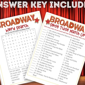 May include: Two Broadway-themed activity sheets with the text "Broadway" in a decorative font. One is a word search, and the other is a song tune match-up game. The phrase "Answer Key Included" is at the top.